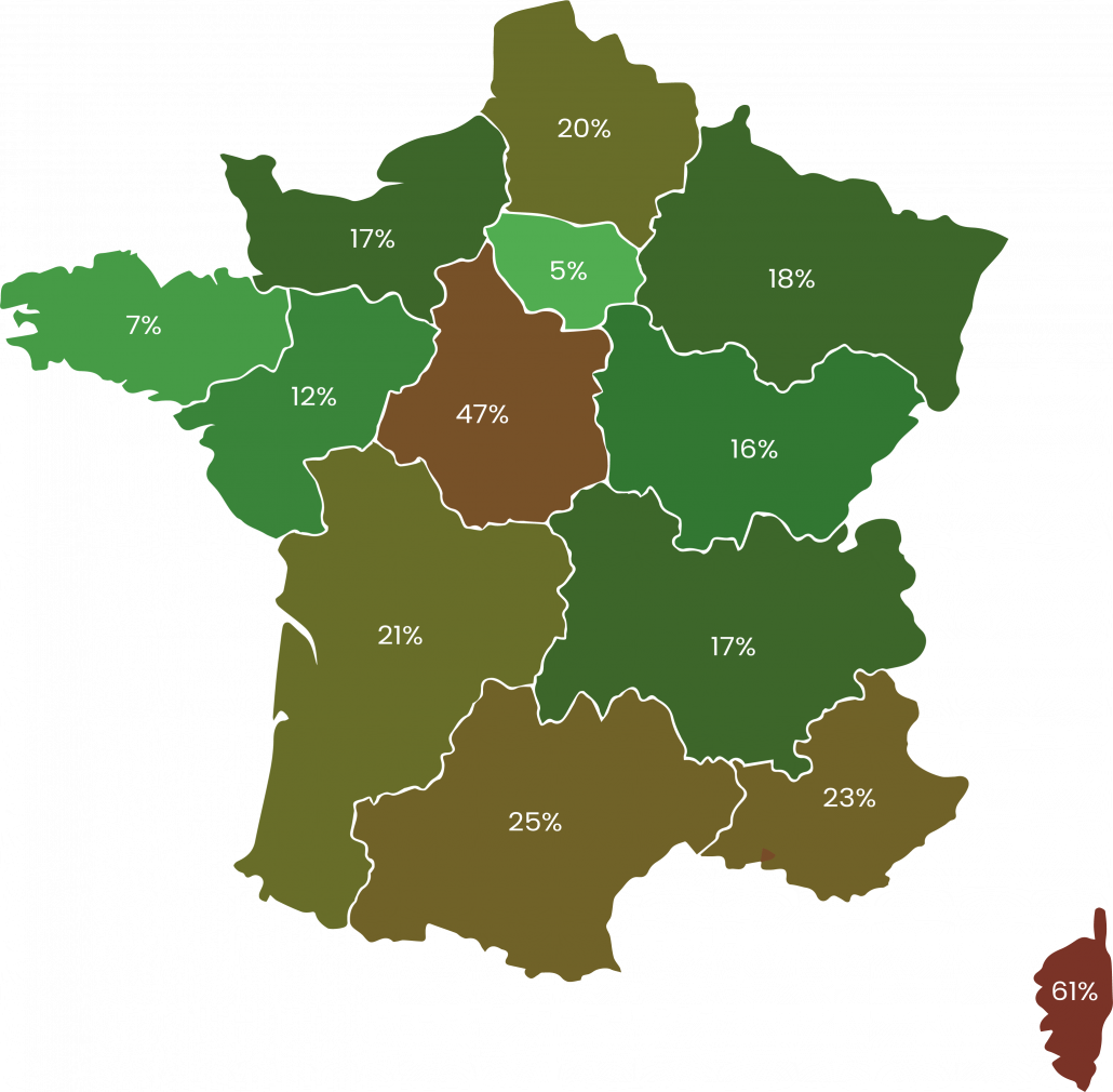 carte régions de France classé par taux de déchets orientés vers le stockage en enfouissement