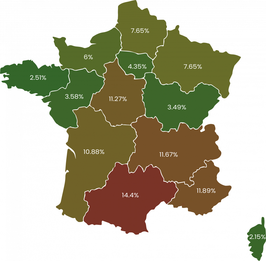 carte régions de France classé par taux déchets ménagers et assimilés enfouis ou stockés